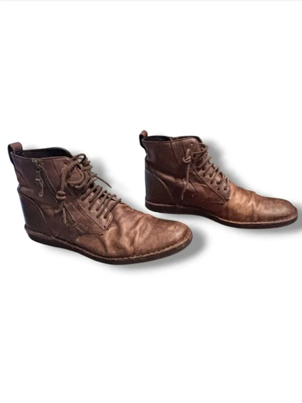 JOHN VARVATOS Brown Leather Boots Barrett Side Zip Lace up Distressed Size 10